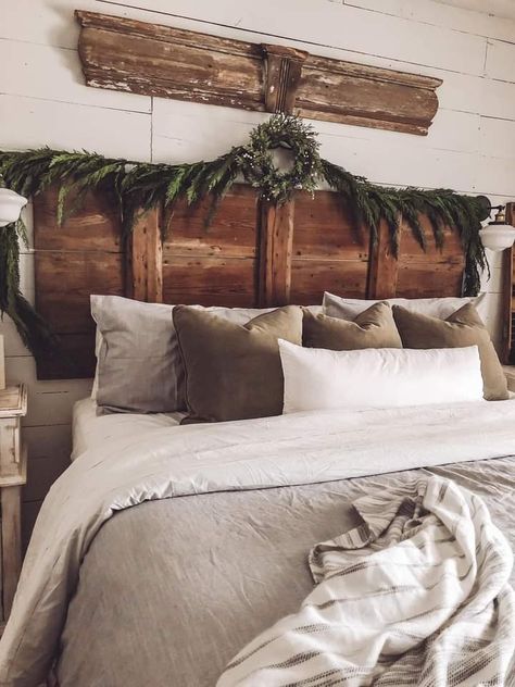 Barnwood Headboard, Glowing Tree, Simple Farmhouse, Cabin Bedroom, Cabin Ideas, Master Bedrooms, Diy Bed, Farmhouse Bedroom, Rustic Bedroom