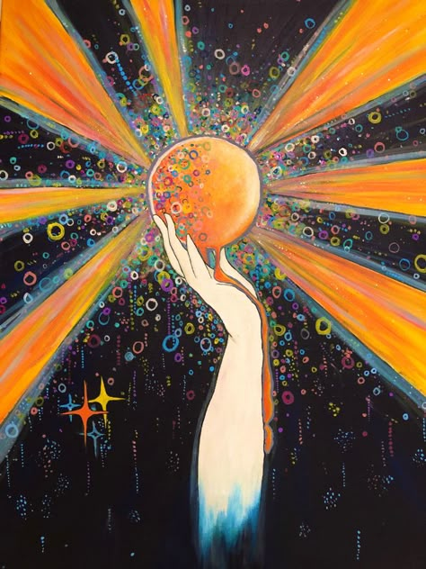 Purple And Orange Painting Ideas, Spiritual Sun Art, Radiate Beta Theme, Orange Moon Painting, Beta Club, Spark Art, Light Bulb Art, Sun Drawing, Perfume Art