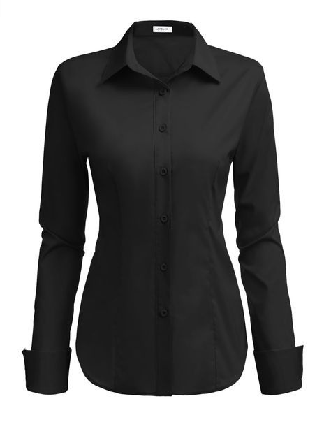 PRICES MAY VARY. 65% Polyester, 35% Cotton Button closure Machine Wash FULL BUTTON UP - The full button up shirt is the great piece for easy, elegant looks. Classic business shirt with button placket in the middle, perfect for business and for your favorite jeans! Both early morning coffee meetings and happy hour drinks, this basic shirt rises to the occasion. CLASSIC SHIRT COLLAR - An essential for every wardrobe: solid colored, curved hem, slim fit shirt blouse with a turn down collar. You can Black Button Up, Black Dress Shirt, Sixth Form, Happy Hour Drinks, Business Shirt, Slim Fit Dress, Slim Fit Dress Shirts, White Dresses For Women, Fitted Blouses