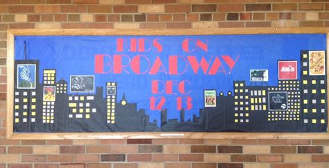 A school bulletin board for an elementary variety show featuring different broadway musicals. Musical Bulletin Board Ideas, Broadway Bulletin Board, Balloons Over Broadway, Elementary School Bulletin Boards, Music Bulletin Board, Music Bulletin Boards, Art Bulletin Boards, Scenery Ideas, Dance Education