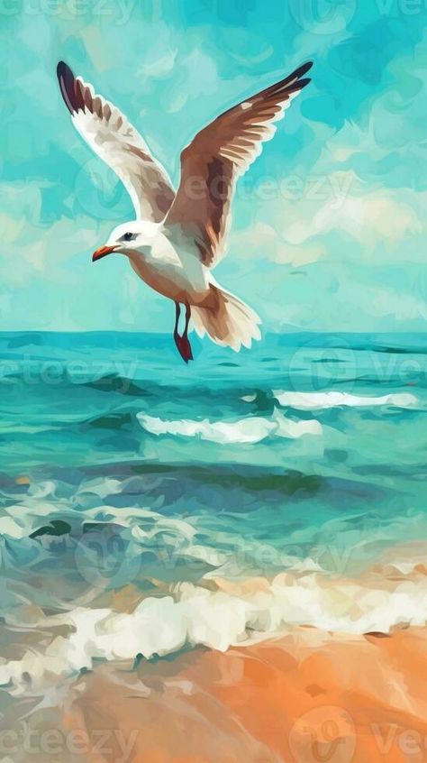 AI Generative Summer background with a flying seagull on the background of the sea and a blue sky with clouds Summer sea light artistic image for vacation Sea Gulls Flying, Seagulls Flying Painting, Seagull Painting, Seagull Illustration, Seagull Art, Flying Seagull, Fly Drawing, Painted Animals, Blue Sky With Clouds