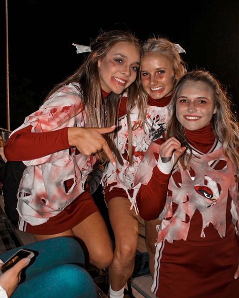 Zombie Cheerleader Costume Makeup, Halloween Football Theme, Cheerleader Halloween Makeup, Halloween Football Game Theme, Zombie Cheerleader Makeup, Cheerleader Zombie, Highschool Cheer, Zombie Cheerleader Costume, Halloween Football