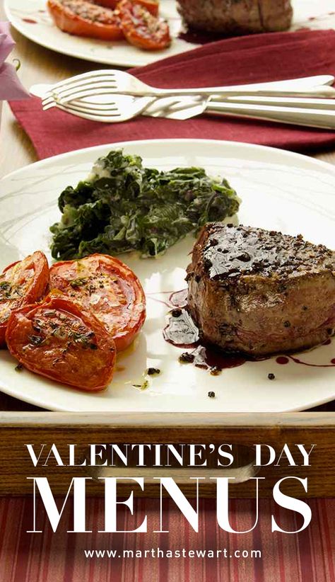 Valentine's Day Menus | Martha Stewart Living - Skip the crowded restaurant this year, and make your own cozy Valentine's Day dinner at home. Restaurant Valentines Day Ideas, Valentine's Menu Ideas, Crowded Restaurant, Steak Dinner Ideas, Valentine's Day Menu Ideas, Valentine Dinner Party, Valentines Food Dinner, Steak Dinner Recipes, Valentines Dinner