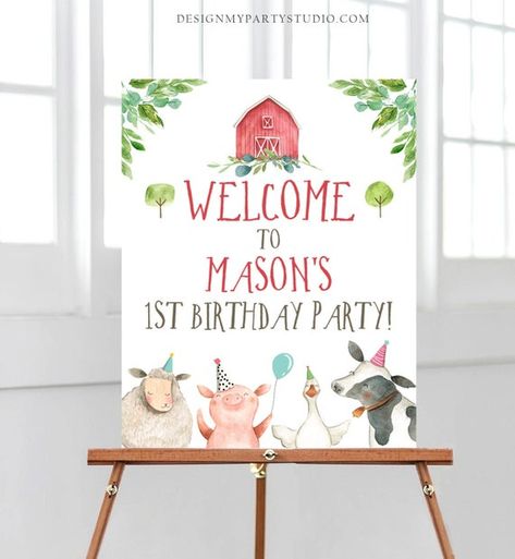 Farm Animals Birthday, Farm Animal Party, Farm Animals Birthday Party, Digital Sign, Barnyard Party, Birthday Welcome Sign, Edit Font, Barnyard Birthday, Farm Animal Birthday