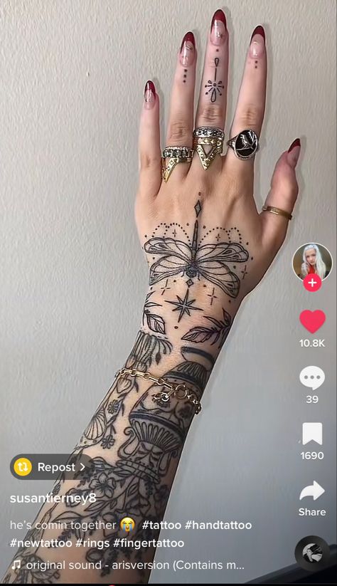 Tattoo Ideas Mystical, Steampunk Hand Tattoo, Never Knows Best Tattoo, Hand Tattoos Full Coverage, Geometric Hand Tattoos For Women, Pagan Tattoos For Women, Hand And Forearm Tattoo Women, Womans Hand Tattoo, Gothic Hand Tattoos For Women