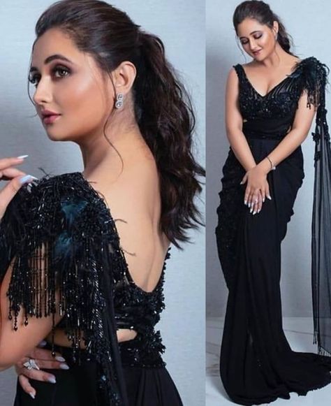 Pony With Saree, Black Saree Hairstyle, Black Saree Outfit, Net Saree Blouse, Rashmi Desai, Black Sarees, Saree Outfit, Unique Saree, Indian Blouses