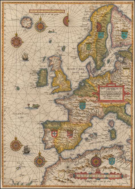 First state of Waghenaer's map of Europe, the British Isles, Iceland, the western Mediterranean in 1583 Medieval Maps, Ancient World Maps, Sea Map, Altar Art, Northern Africa, Map Of Europe, Europe Continent, Map Crafts, Pictorial Maps