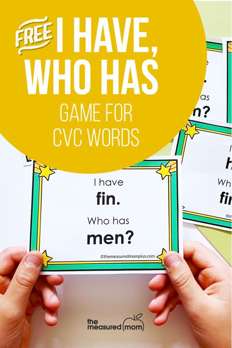 Free printable I have who has CVC game - great CVC word activity! I Have Who Has Cvc Words Free, Cvc Blending Cards Free, Cvc Games Kindergarten, Kindergarten Reading Centers, Decoding Activities, Cvc Word Work, Montessori Work, First Grade Freebies, Word Reading