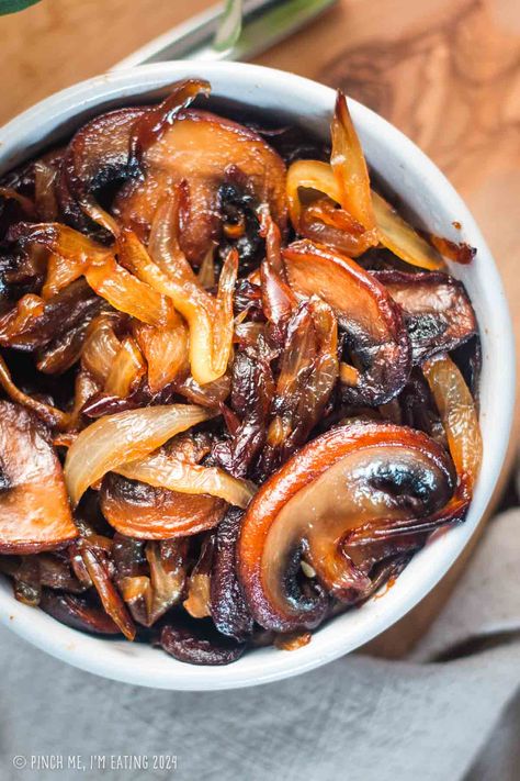 This easy recipe for caramelized onions and sauteed mushrooms brings out the best in both ingredients in a single pan on your stovetop. A perfect veggie side dish, and a tasty topping for steak, burgers, and sandwiches! Steak With Onions And Mushrooms, Mushroom Onion Steak Topping, Mushrooms And Onions For Steak, Tomato Onion Recipe, Topping For Steak, Steak Toppings, Steak Board, Steak Burgers, Steak Sides