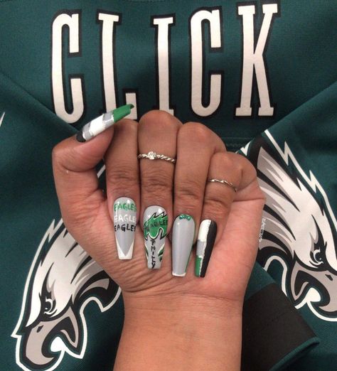 Press on nails Eagles Nails Philadelphia, Philadelphia Eagles Nails, Eagles Nails, Philadelphia Eagles, Nail Ideas, Press On Nails, Eagles, Class Ring, Philadelphia