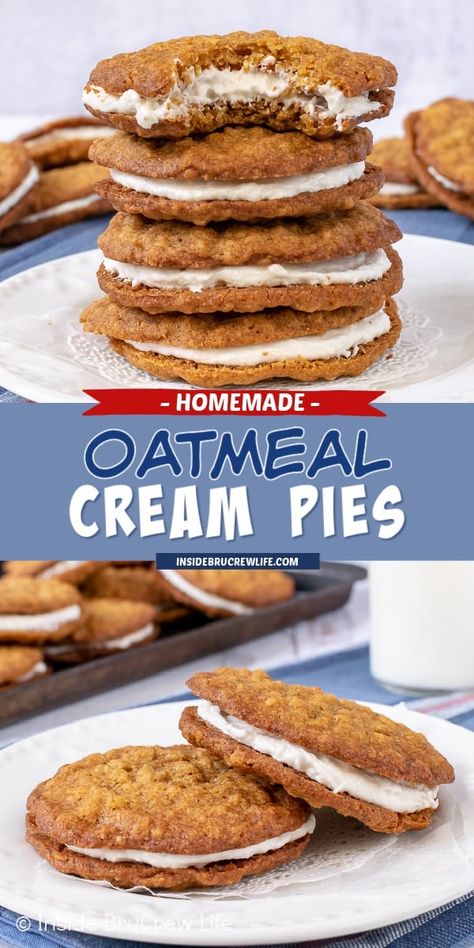 Homemade Oatmeal Cream Pies - soft chewy oatmeal cookies with a marshmallow cream filling makes them a delicious Little Debbie copycat. Great recipe to make for bake sales or dessert. Desserts Superbowl, Oatmeal Cream Pies Recipe, Oatmeal Pies, Oatmeal Cream Pie Cookies, Homemade Oatmeal Cream Pies, Queen Sugar, Oatmeal Pie, Superbowl Desserts, Oatmeal Creme Pie