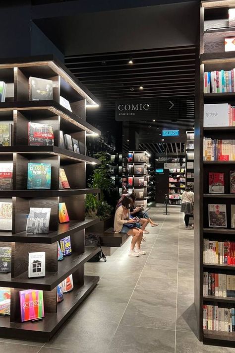 bookshelves_section_corner_tsutaya_bookstore_interior design_seatingshelves_shelving systems_books_marketing Bookstore Interior, Tsutaya Bookstore, Library Concept, Shelving Systems, Bookstore, Lighting Design, Book Worms, Bookshelves, Light Box