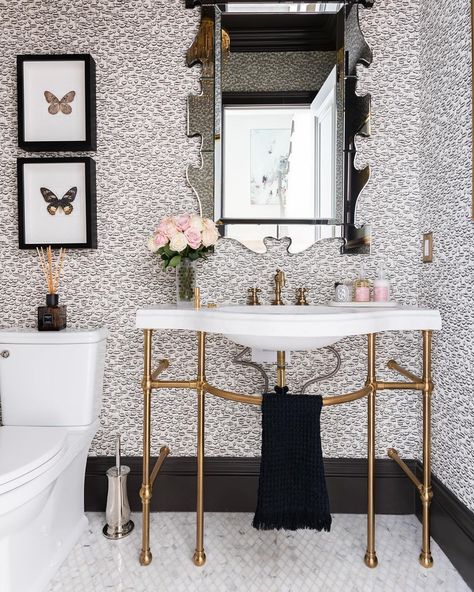 Rach Parcell (Pink Peonies) on Instagram: “Our powder bath. 🖤✨🌸 We went with a bold feather wallpaper to greet our guests. Different than the airy white I’m drawn to but I love it!!…” Glam Bathroom Decor Ideas, Glam Powder Room, Glam Bathroom Decor, Glam Bathroom, Alice Lane Home, Powder Room Design, Interior Design Photos, Powder Bath, Glam Decor