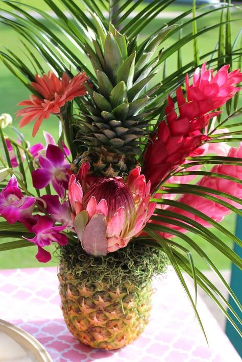 Pineapple centerpiece at a tropical first birthday party! See more party ideas at CatchMyParty.com! Pineapple Bouquet, Pineapple Centerpieces, Pineapple Decorations, Pineapple Centerpiece, Tropical Centerpieces, Pineapple Wedding, Bouquet Birthday, Tropical Flower Arrangements, Pineapple Flowers