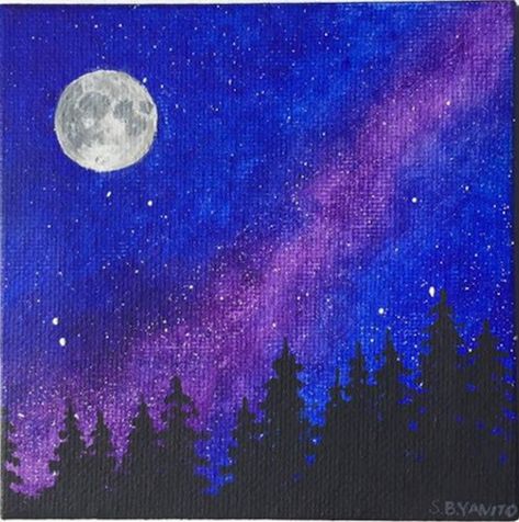 Original Mini Canvas (4x4)-Blue and purple Painting-Full Moon Painting-Mini Canvas Gift- Blue and Purple Night Sky by SBYANITO on Etsy Star And Moon Painting, Blue And Purple Painting Ideas, Purple Night Sky Painting, Kite Ideas, Purple Night Sky, Butterfly Moon, Night Sky Art, Bedroom Theme, Creativity Ideas