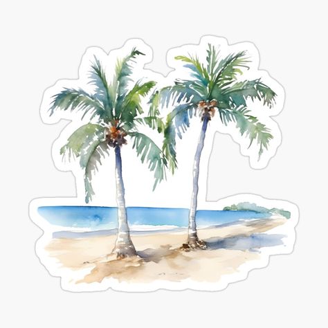 Get my art printed on awesome products. Support me at Redbubble #RBandME: https://www.redbubble.com/i/sticker/Watercolor-Palm-Trees-on-a-sandy-beach-by-Snifferius/147524317.EJUG5?asc=u Beach Stickers, Beach Stickers Printable, Watercolour Palm Tree, Beachy Stickers Printable, Watercolor Palm Tree Sunset, Palm Tree Sticker, Water Logo, Tree Stickers, Beach Design