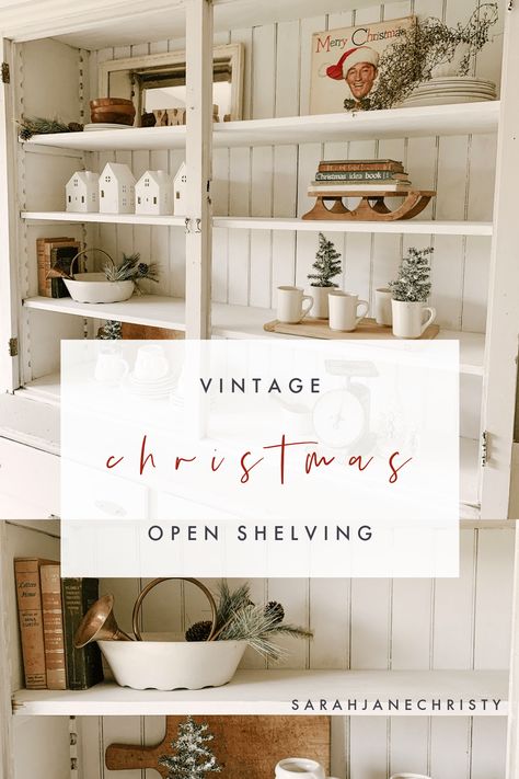 Vintage Inspired Christmas Open Shelving Simple Vintage Christmas Decor, Christmas Decor Bookshelves, Christmas Shelves Decor, Decorating Bookshelves For Christmas, Decorating Shelves For Christmas, Bookshelf Christmas Decor, Christmas Shelf Styling, Christmas Bookshelf Decor, Christmas Shelf Decor Ideas