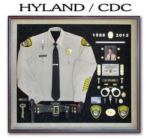 http://www.badgeframe.com/pastprojects-correctional.html Police Uniform Shadow Box Ideas, Police Officer Shadow Box Ideas, Law Enforcement Shadow Box Ideas, Uniform Display Ideas, Police Shadow Box Ideas, Uniform Shadow Box Ideas, Police Collage, Badge Display Ideas, Timeline Display