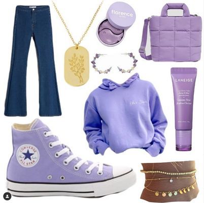 • sweatshirt: @olivia_jeans • jeans: @bershka • sneakers: @converse • bracelets: @kindofsweethandcraft • necklace: @mariadosaes • earrings: @lesnereidesparis • eye masks: @Florencebymillsofficial__ • lip balm: @laneige_us • bag: @pullandbear Lilac Converse Outfit, Lilac Converse, Bershka Sneakers, Space Outfit, Sneakers Converse, Outfits With Converse, Eye Masks, Lip Balm, Lilac