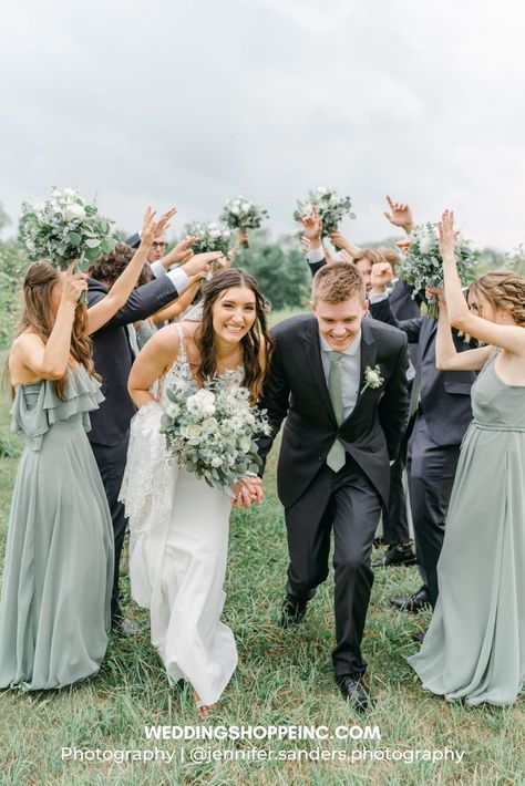 When you're choosing your wedding colors, it may be helpful to consider the season and venue. The sage and neutral tone colors complement this outdoorsy wedding set at an apple orchard. Wedding Dress | Mori Lee Venue | @olivebranchfarm_weddings Sage Green Bridesmaid Dresses With Grey Suits, Outdoorsy Wedding, Apple Orchard Wedding, Hairstyles Bride, Mori Lee Wedding Dress, Gorgeous Bridesmaid Dresses, Sage Bridesmaid Dresses, Sage Green Bridesmaid Dress, Suit Tuxedo