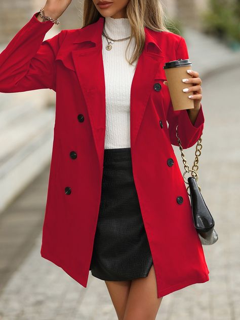 EMERY ROSE Double Breasted Belted Trench Coat Red Trench Coat Outfit Casual, Winter Outfits With Red Coat, Red Coat Outfit Women, Long Red Coat Outfit, Short Red Coat Outfit, Red Coat Outfit Casual, Red Coat Outfit Winter, Red Coat Winter, Red Trench Coat Outfit