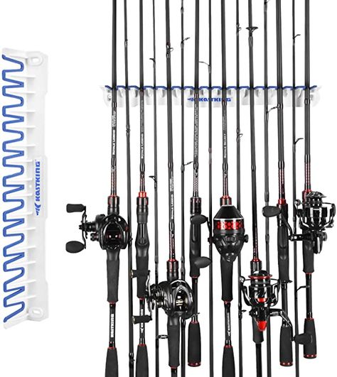 KEY FEATURES] - Store up to 15 fishing rods or fishing rod and reel combos in less than 18” of wall space – Innovative Patented Design (U.S. Patent No.7,237,685) fishing pole holder is easy to use – Easy installation with only 3 screws. Affordable Innovation. [STORE 15 RODS OR COMBOS] – The KastKing V15 vertical fishing rod rack can store up to 15 rods or combos in less than 18 inches of horizontal wall space. Most other brands only store 6 combos in the same amount of space. Rods and combos can Fishing Pole Rack, Fishing Pole Holder, Fishing Rod Rack, Rod Rack, Fishing Rods And Reels, Fishing Rod Holder, Fishing Rods, Stud Walls, Rod Holder