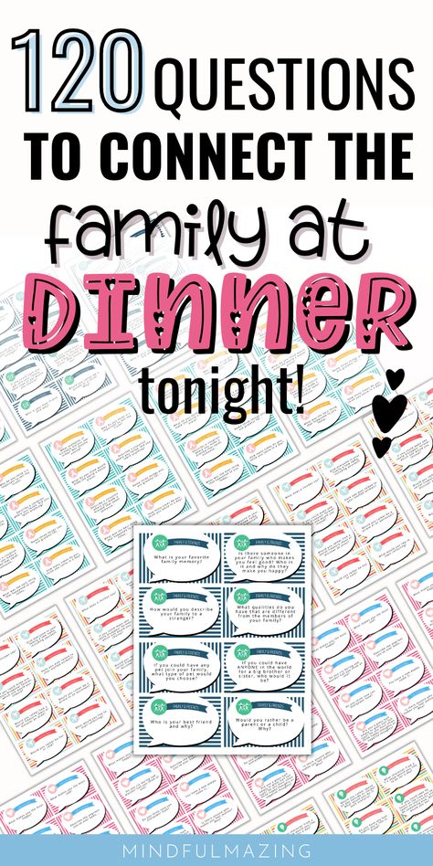 Looking for thoughtful conversation starters for kids? We've got 120 fun family discussion questions that range from the small things in life to the BIG important things. Don't miss out on hours of family connection perfect for mealtime, family nights, school, rainy days, car rides, and camping. These questions were created with the intention of getting your kiddo to open up (and not just provide a one-word answer). See for yourself and enjoy these family conversation starters. #familyconversati Fun Family Conversation Starters, Conversation Starters For Family, Toddler Conversation Starters, Dinner Time Questions For Kids, Family Dinner Questions, Family Dinner Conversation Starters, Dinner Questions For Family, Dinner Conversation Starters For Kids, Dinner Questions For Kids