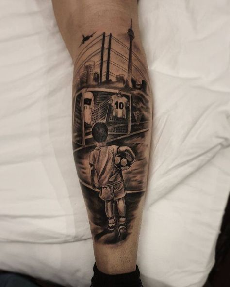 Sleeve Tattoos For Guys Meaningful, Football Tattoo Designs Men, Football Tattoo Ideas For Men Leg, Football Tattoo Ideas For Men, Foot Tattoos For Men, Softball Tattoos, Soccer Tattoos, Brother And Sister Tattoo Ideas, Calf Tattoo Men