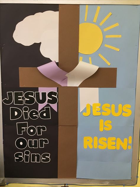 Lent Easter Catholic bulletin boards Lent And Easter Bulletin Boards, Easter Bulliten Board Ideas For Church, Christian Easter Door Decorations, Christian Easter Door Decorations Classroom, Christian Spring Bulletin Boards, Easter Poster Ideas, Easter Bulletin Boards For School, Lenten Bulletin Board Ideas, Lent Bulletin Board Ideas Catholic