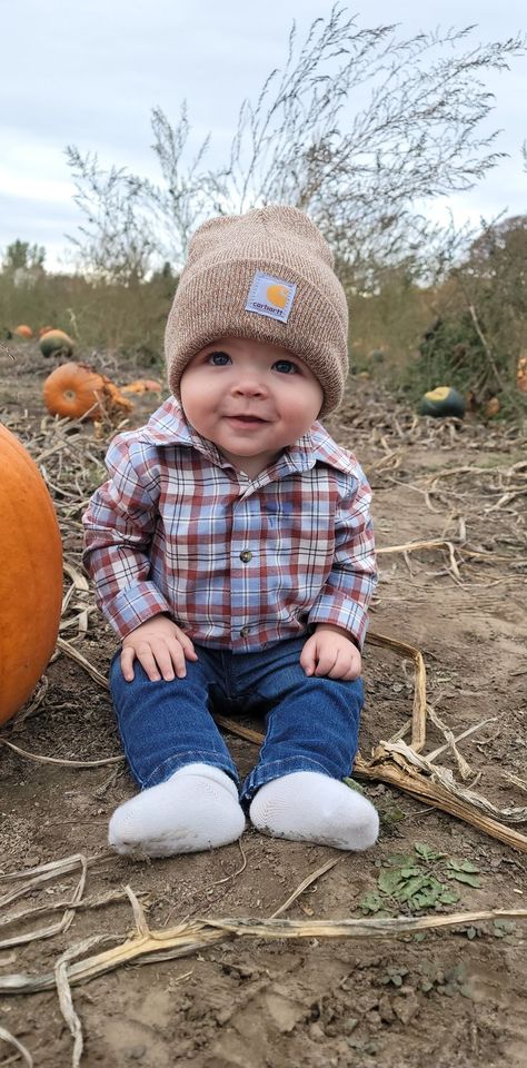 Carhartt Baby Boy Pictures, Baby Boy Carhartt Outfits, Fall Baby Pictures Boy, Carhartt Baby Outfits, Baby Boy Pumpkin Patch, Toddler Boy Photo Shoot Ideas, Baby Carhartt, Carhartt Baby Boy, Cute Babys