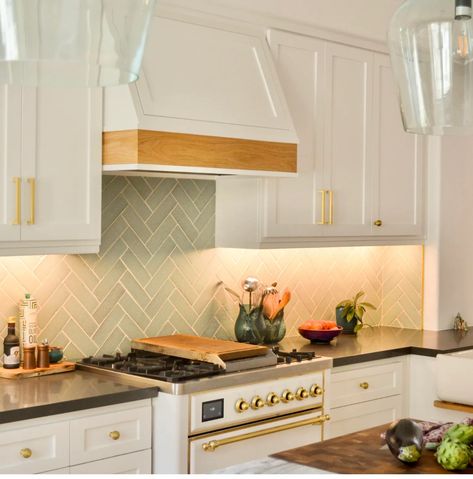 Brick In The Kitchen, Herringbone Kitchen Backsplash, Subway Tile Herringbone, Herringbone Kitchen, Range Tile, Custom Backsplash, Tile Colors, Whimsical Bathroom, Brick Kitchen