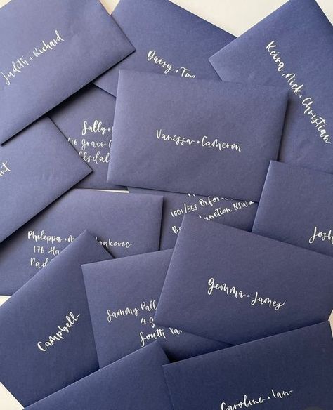 Perth Wedding Stationery & Signage on Instagram: "white watercolour lettering on blue envelopes. ⁠ Hand addressed envelopes - a personal touch to your invitation suite🧑🏻‍🎨⁠ ⁠ swipe to see the engagement invites for Sarsha & Tom" Envelope Addressing Creative, Watercolour Lettering, Engagement Invites, Addressed Envelopes, Perth Wedding, Blue Envelopes, Watercolor Lettering, Instagram White, Addressing Envelopes