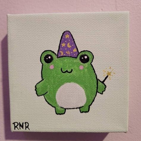 Easy Frog Painting, Frog Painting Easy, Easy Painting Ideas For Beginners, Market Painting, Wizard Frog, Frog Painting, Diy Canvas Art Easy, Indie Drawings, Canvas Art Projects