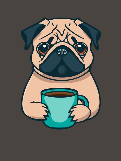 Pug Bulldog holding drinking a light blue green mug of coffee. Cartoon Style draw illustration. Cartoon Style Drawing, Green Mugs, Light Blue Green, Cute Pugs, Pug, Coffee Drinks, Cartoon Styles, Painting On Wood, Bulldog