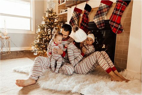 Twins Christmas Photos, Matching Pjs Family Christmas Photo, Family Christmas Pjs Photoshoot, Pjs Family, Boho Christmas Card, Newborn Christmas Pictures, Idaho Photography, Diy Christmas Photoshoot, In Home Family Session