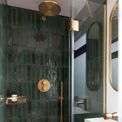 Colorful Small Bathroom, Green Bathrooms, Colourful Bathroom, Green Tile Bathroom, Small Bathroom With Shower, Bathroom Plan, Bathroom Shower Design, Downstairs Toilet, Master Bath Remodel