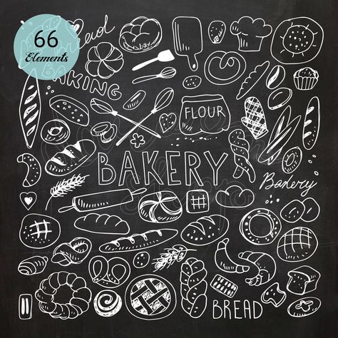 Baking Chalkboard Art, Bakery Chalkboard Signs, Bakery Doodles, Bakery Chalkboard, Bakery Elements, Bakery Illustration, Art Bread, Bakery Clipart, Desserts Pastry