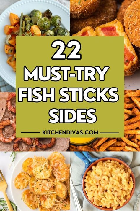 Collage of various side dishes with graphic overlay in center. Recipes Using Fish Sticks, Recipes With Fish Sticks, What To Serve With Fish, Frozen Fish Recipes, Homemade Fish Sticks, Quick Shrimp Recipes, Seafood Pasta Dishes, Side Dishes For Fish, Dinner Fish