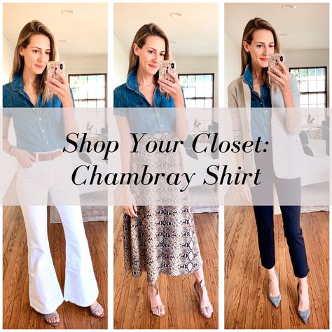 Chambray Shirt Outfit 2024, Medium Wash Chambray Shirt For Work, Unstructured Chambray Shirt In Medium Wash, Classic Indigo Chambray Shirt, Shop Your Closet, Medium Wash Chambray Button-up Blouse, Lee White, Staple Dress, Jcrew Sweater