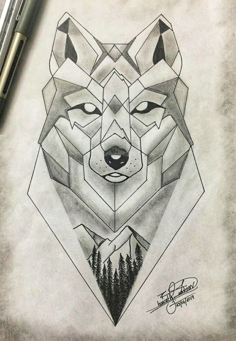 Symmetrical Drawing Ideas, Wolf Pencil Drawing, Symmetric Drawing, Symmetrical Painting, Cool Wolf Drawings, Character Tattoo Ideas, Symmetrical Drawing, Mandala Wolf, Geometric Wolf Tattoo