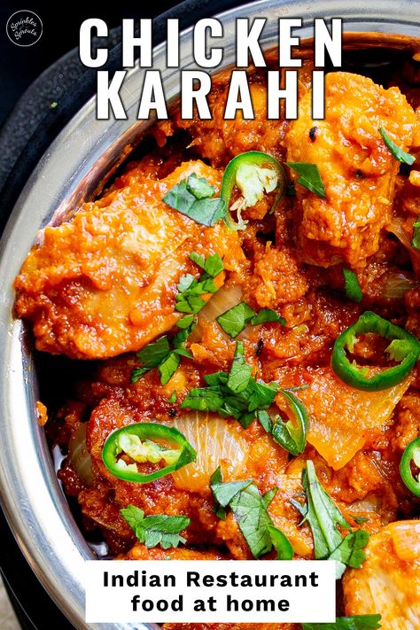 Chicken Karahi, or Kadai chicken, is on every Indian takeout menu, and with good reason! It is a delicious curry, full of flavor and with a nice spicy kick. This recipe for Simple Chicken Karahi uses some clever tricks to make a fantastic restaurant-style curry at home. It is easy to make, and you will be blown away by the taste!!! Serve this Kadai Chicken with your favorite naan or roti and enjoy an authentic tasting curry at home! Kadai Chicken, Chicken Karahi Recipe, Indian Takeout, Chicken Malai, Karahi Recipe, Chicken Karahi, Indian Chicken Recipes, Curry Recipes Indian, Simple Chicken