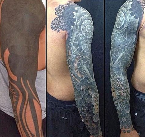 Now the harder one: how do you hide a full sleeve tattoo which is mostly in black? It may seem impossible but merely adding designs and a bit more of color and whites to add a 3D effect. White Over Black Tattoo, Cover Up Tattoos Before And After, Tattoo Sleeve Cover Up, Black Tattoo Cover Up, Black White Tattoos, Blackout Tattoo, Incredible Tattoos, Tattoo Cover Up, Bad Tattoos