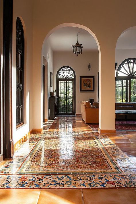 Modern spanish villa interior ceramic tile mosaic. Check out all of these hacienda houses that blend rustic charm with modern comfort. Hacienda Home Decor Interior Design, Spanish Flooring Ideas, Spanish Style Floors, Spanish Colonial Home Interior, Mosaic Interior Design, Spanish House Interior, Modern Spanish Style Homes Interior, Spanish Flooring, Spanish Villa Interior