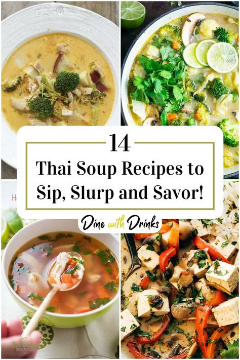 Collage of 4 thai soup recipes. Thai Soups, Tom Yum Soup Recipe, Thai Soup Recipes, Thai Flavors, Thai Chicken Soup, Soups For Kids, Tom Kha Gai, Thai Soup, Breakfast Soup