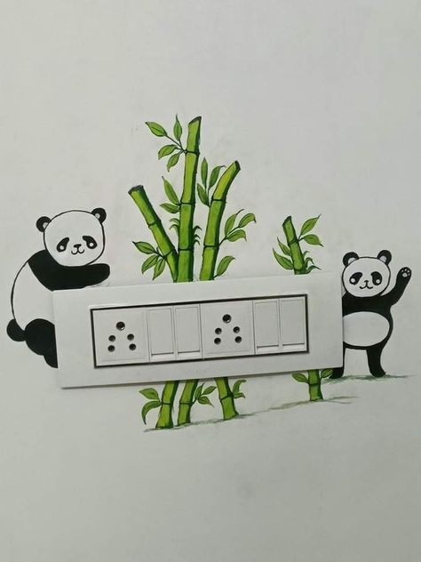 Wall Painting Ideas Hostel Room, Panda On Switchboard, Hostel Room Painting Ideas, Panda Painting On Wall, Painting Ideas On Switchboard, Cute Switchboard Art, Switchboard Paintings, Wall Painting Ideas Switch Board, Switch Board Painting Wall Art