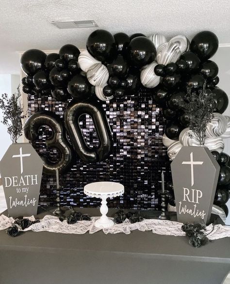 Rip To My 20s Party Decor Diy, Rip To My 20s Party Backdrop, Rip 40s Birthday Party, Rip To My 20s Party Desserts, Rip 20s Decorations, Rip 30s Birthday Party Ideas, Black Out 30th Birthday, Rip To My 20s Party Diy, Rip Themed Party