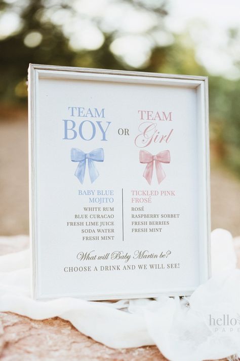 Gender Reveal Cocktail Drinks Menu.
Editable and printable. 

#etsy #hellorosepaperie #teamboy #teamgirl #genderrevealcocktailmenu #genderrevealdrinkideas #genderrevealcocktailideas #teamgirldrinkideas #teamboydrinkideas #heorshewhatwillbabybe #genderrevealideas #genderrevealpartyideas #genderrevealideasforparty #genderrevealthemes #genderrevealdecorations #genderrevealbows Gender Reveal Drink Station, Gender Reveal Cocktails, Gender Reveal Drinks, Gender Ideas, Ducky Baby Showers, Signature Cocktail Sign, Gender Reveal Themes, Bow Baby Shower, Cocktails Sign