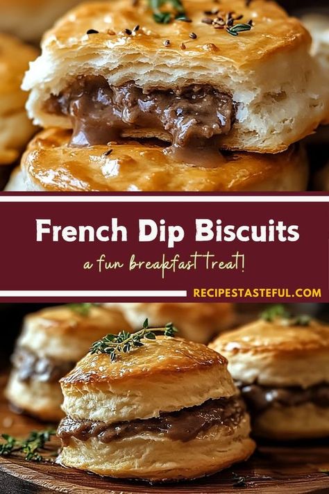 These French Dip Biscuits put a delicious twist on the classic French dip sandwich, transforming it into a fun and easy appetizer or snack. Savory roast beef and melty provolone cheese are nestled inside golden, buttery biscuits for a perfect bite-sized treat. Ideal for parties or game day! French Dip Biscuits, Roast Beef Horseradish Sauce, Easy French Dip Sandwiches, Snack Savory, Tender Roast Beef, Beef Dip, Au Jus Gravy, French Dip Sandwich, Chicken Appetizers