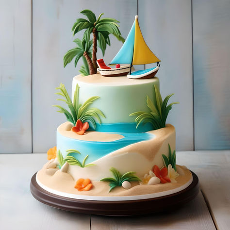 Beach Cake Ideas, Summer Birthday Cake, Surf Cake, Moana Birthday Cake, Hawaiian Cake, Pool Cake, Cube Cake, Beach Cake, Travel Cake