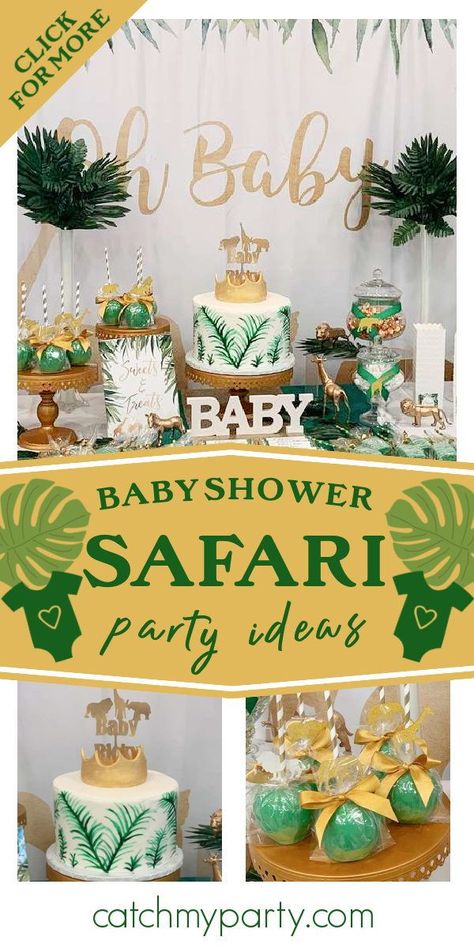 Check out this fabulous safari baby shower! The dessert table is wonderful! See more party ideas and share yours at CatchMyParty.com Safari Baby Shower Treats Table, Boho Safari Baby Shower Dessert Table, Safari Candy Table Ideas, Safari Treats Dessert Tables, Safari Dessert Table Ideas, Safari Theme Baby Shower, Safari Baby Shower Cake, Wild Baby Shower, Safari Baby Shower Boy